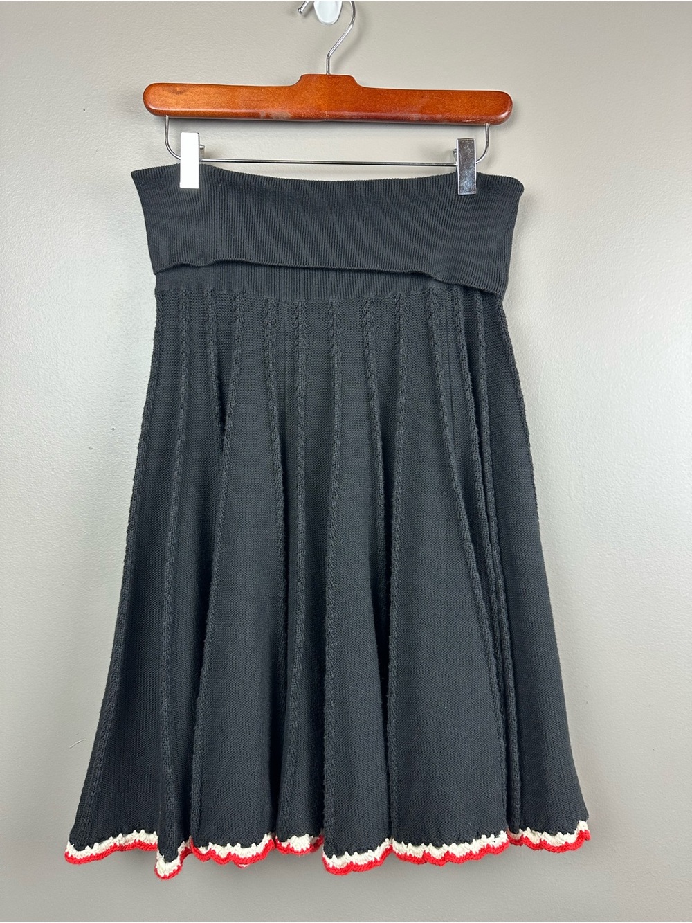 Anthropologie Monogram Knit Skirt Black with Red White Hem Medium